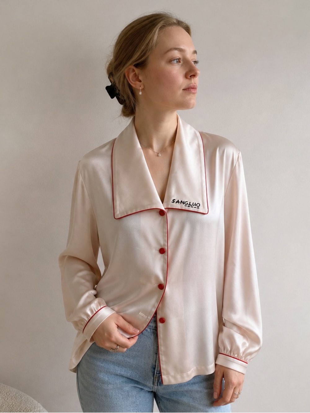SANGLUO 100% Mulberry Silk Pajama Top – Pink with Red Trim – Size S
